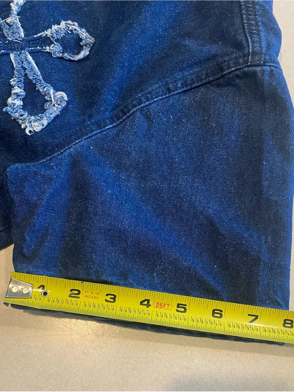 Vintage all genders Blue Short-Sleeve Denim Jacket with Frayed Cross Appliqués